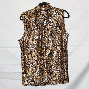 Anne Klein, Blouse, XL, Leopard & Chain Print, Sleeveless, Mock Necktie